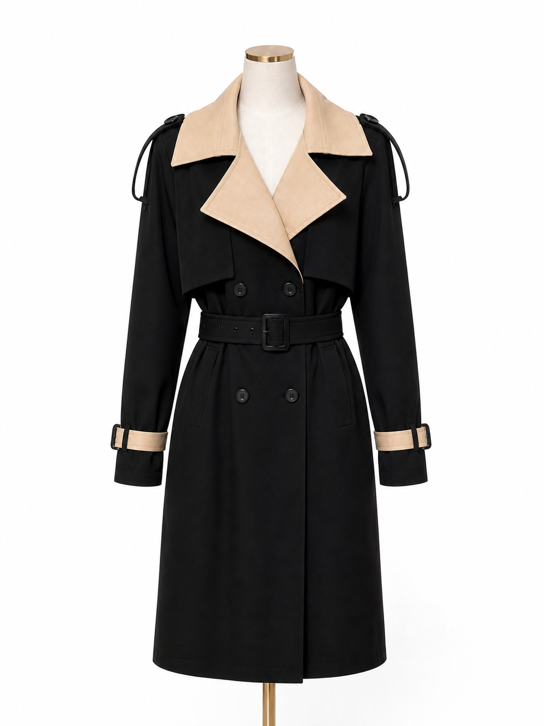 Impermeabile donna nero con colletto beige