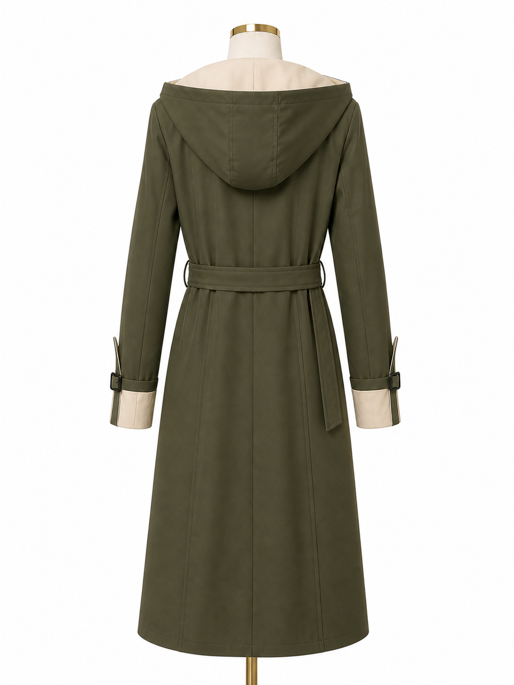 Impermeabile donna beige e verde militare con cappuccio