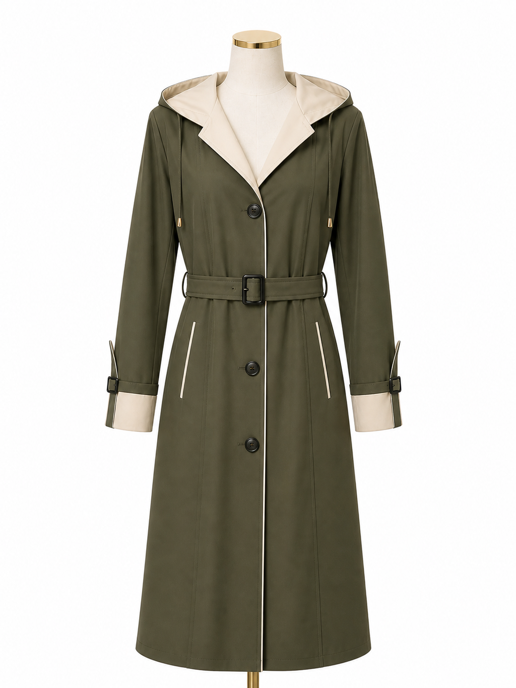 Impermeabile donna beige e verde militare con cappuccio