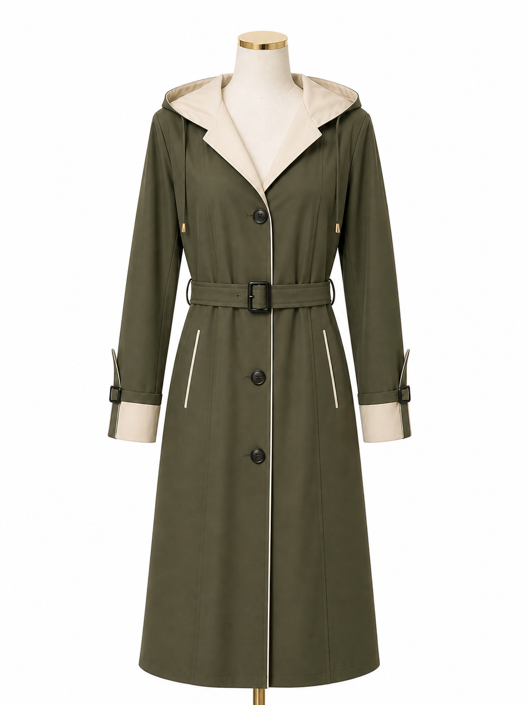 Impermeabile donna beige e verde militare con cappuccio